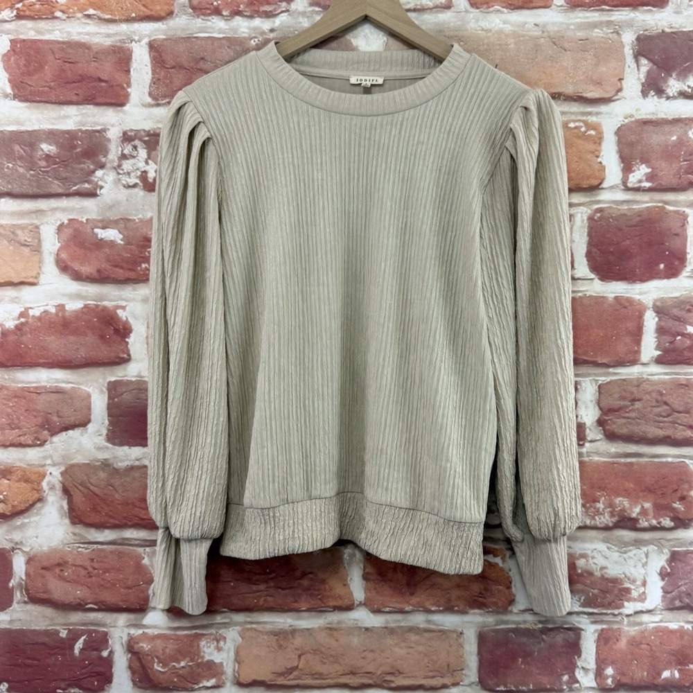 Jodifl Top Women's Small Beige Crepe Textured Peasant Sleeve Casual Career Shirt
